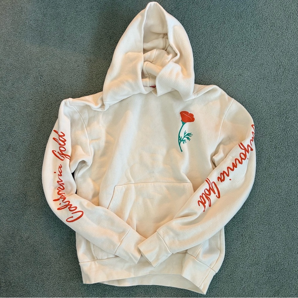 Ivory Hoodie Sweatshirt with California Poppy and Script Sleeve
